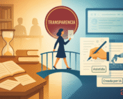 autora cruza un umbral entre biblioteca analógica y entorno digital. En el centro, un sello circular simboliza el sello editorial personal; a la derecha, dos hojas contrastan “obra asistida por IA” (mano humana + destellos) y “contenido creado por IA” (brazo robótico), con luz fría.