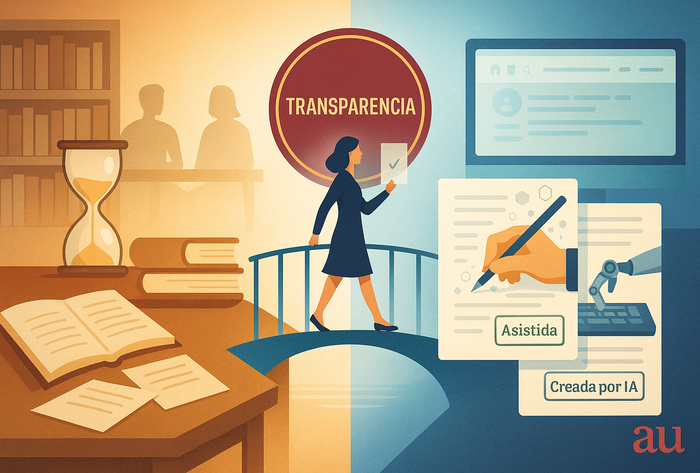 autora cruza un umbral entre biblioteca analógica y entorno digital. En el centro, un sello circular simboliza el sello editorial personal; a la derecha, dos hojas contrastan “obra asistida por IA” (mano humana + destellos) y “contenido creado por IA” (brazo robótico), con luz fría.