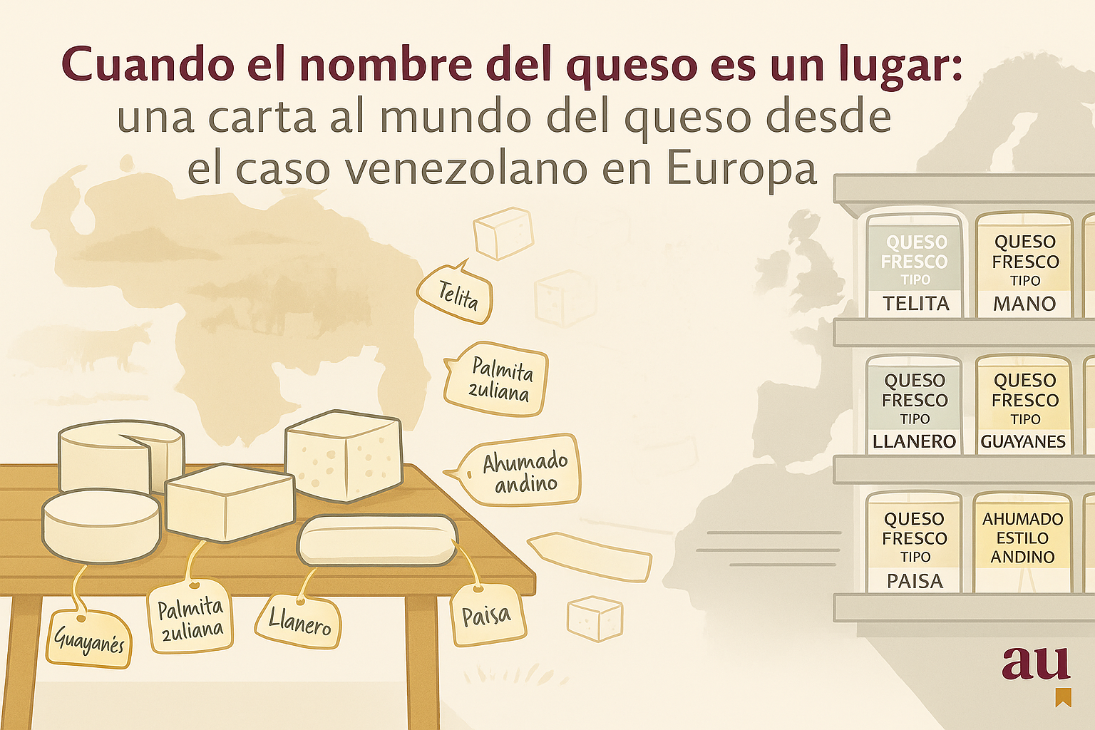 Ilustración sobre topónimos en el mundo del queso venezolano y su uso en Europa.