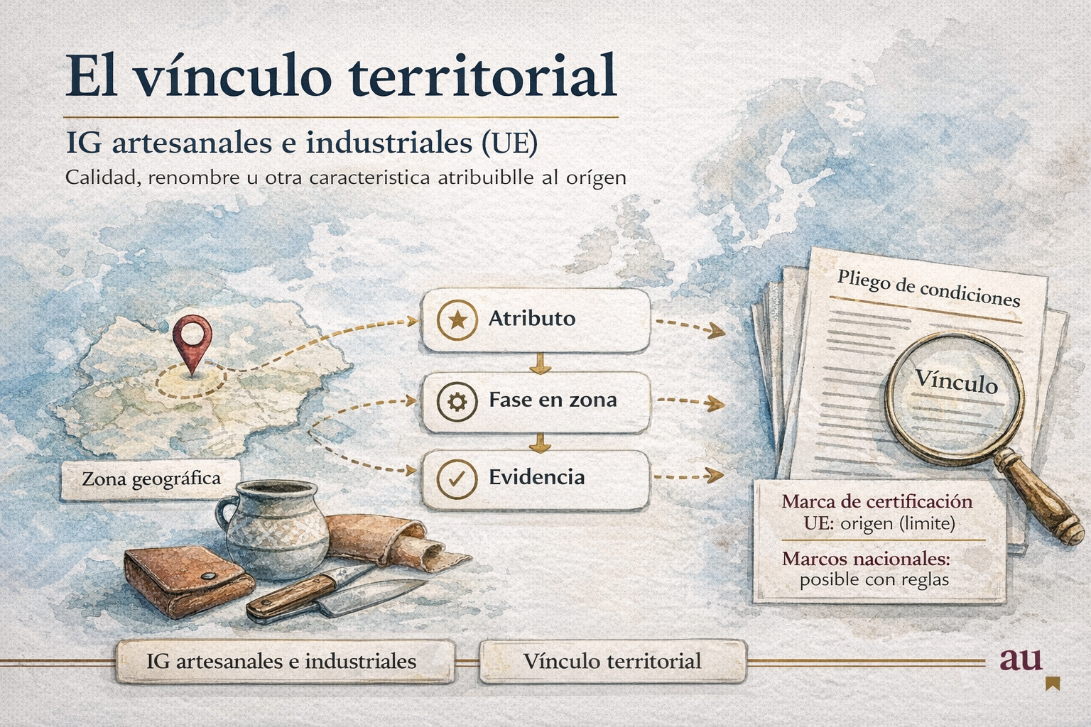 Imagen ilustrativa del vínculo entre origen geográfico, fases de producción y características protegidas en productos no agrícolas según el Reglamento (UE) 2023/2411.